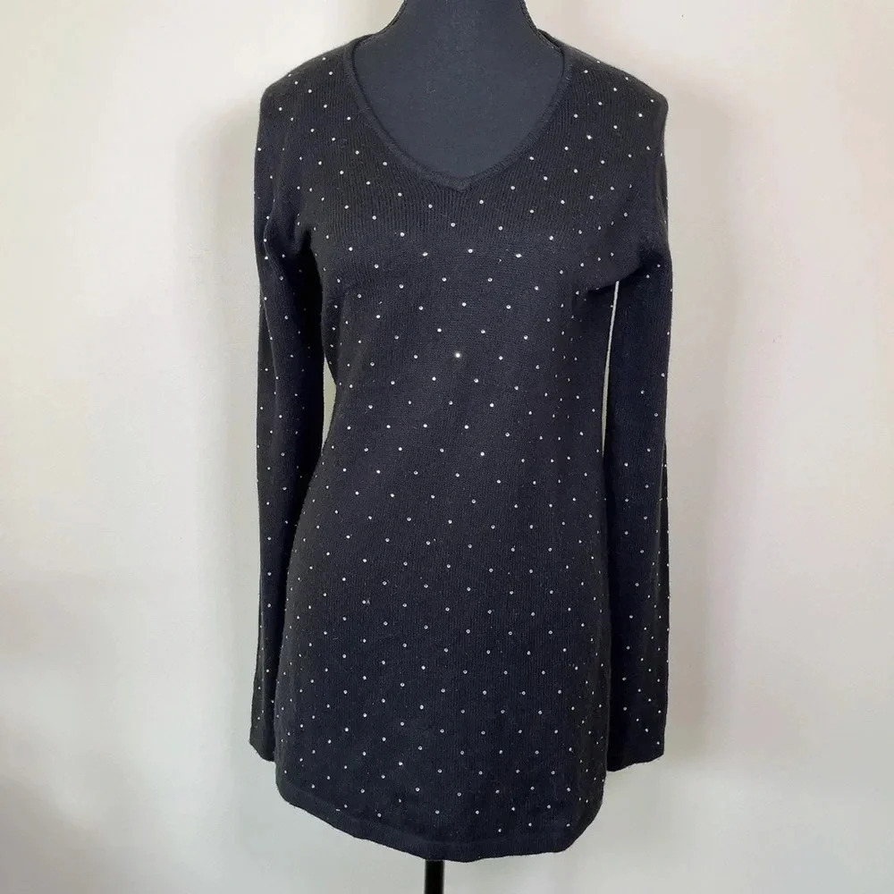 MOUSSY  | EMBELLISHED BLACK SWEATER V-NECK DRESS
